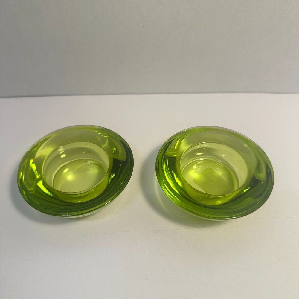 Crate & Barrel Green Glass Tealight Candle Holders Pair Heavy Round Votive